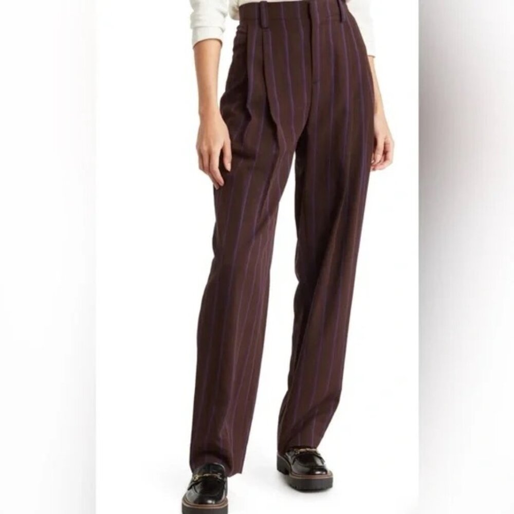 VINCE Pleated Stripe Twill Wide-Leg Trousers Size